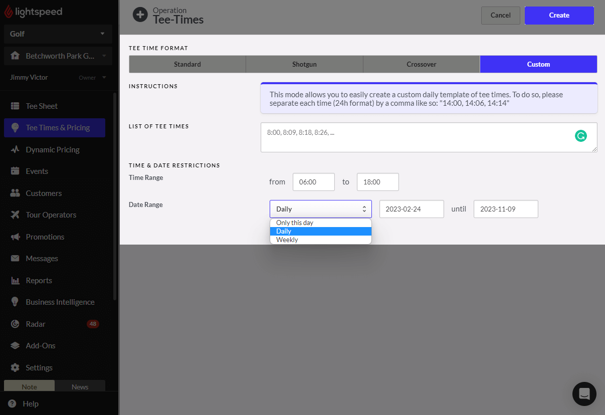 Creating tee times – Lightspeed Golf