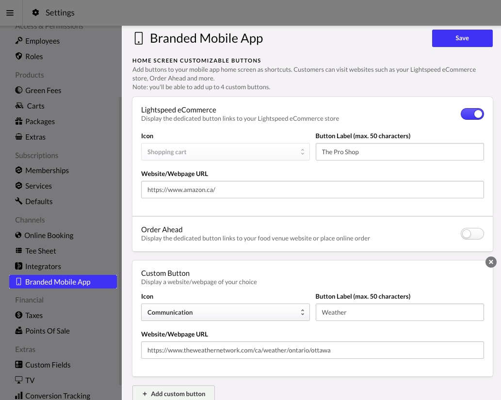 Paramètres de l'application mobile personnalisée