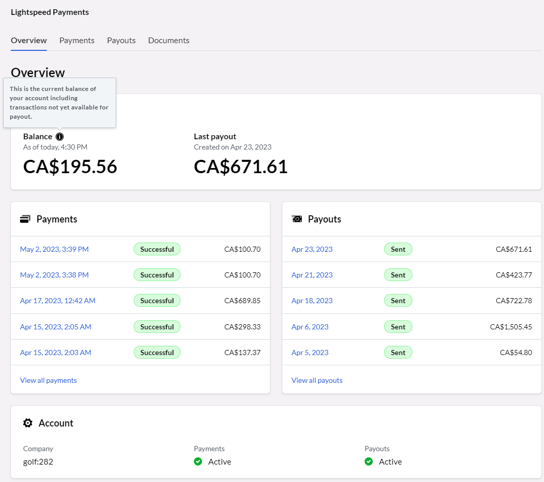 Screenshot of the payments and payouts overview in Lightspeed Payments