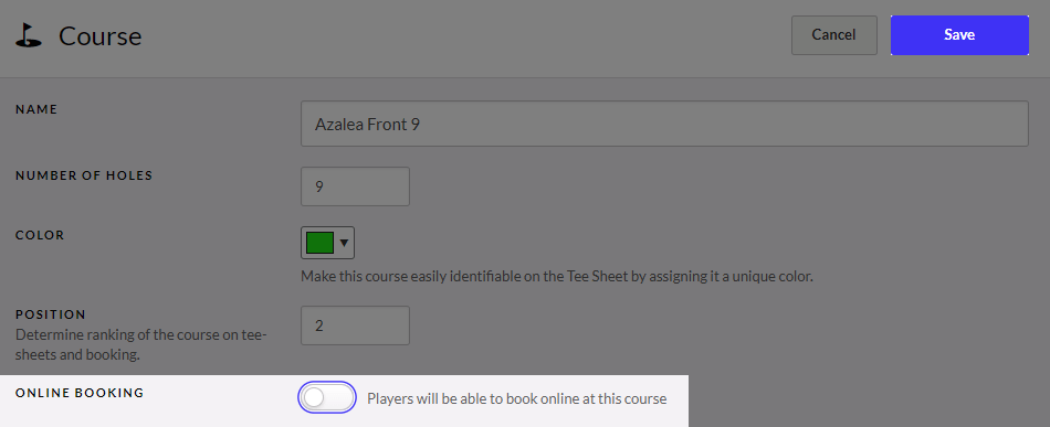 Course settings form with fields for name, number of holes, color, position, and an online booking toggle switch.