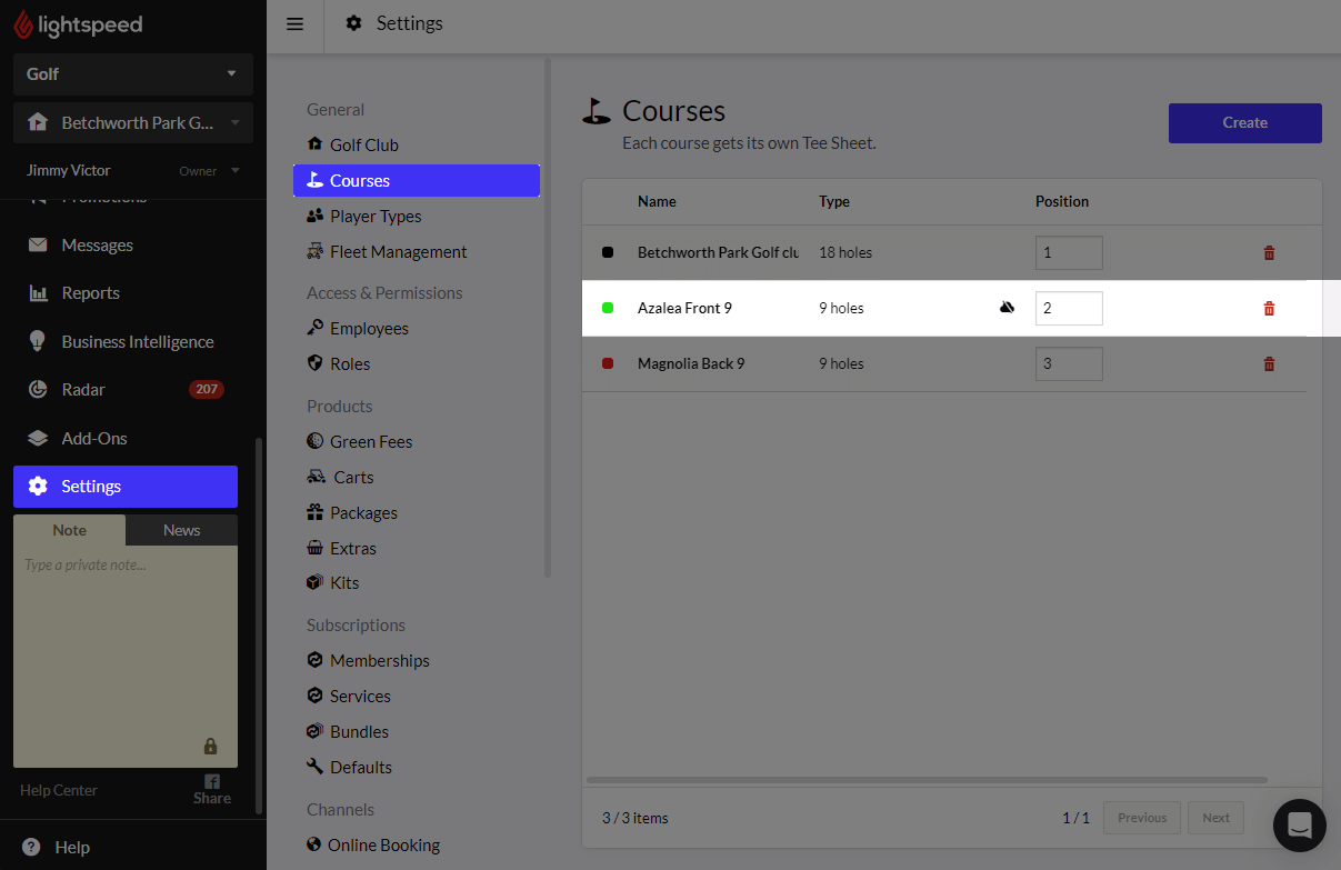 Settings menu with 'Courses' option selected under 'General'.