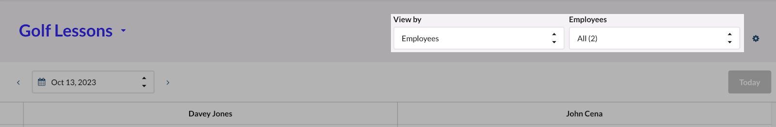 View and filtering options to sort scheduling reservations by employee or location