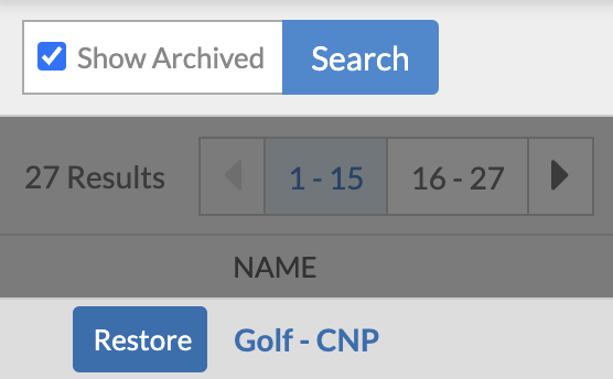 Payment Types settings page, highlighting the Restore button for Golf - CNP