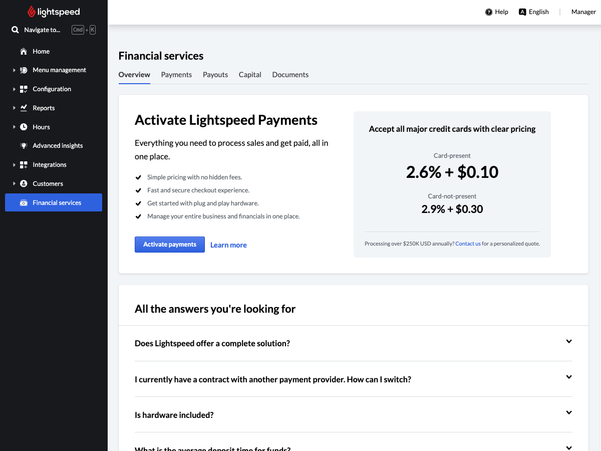 L'image montre la page de demande pour Lightspeed Payments dans le menu Services financiers de Lightspeed Restaurant.