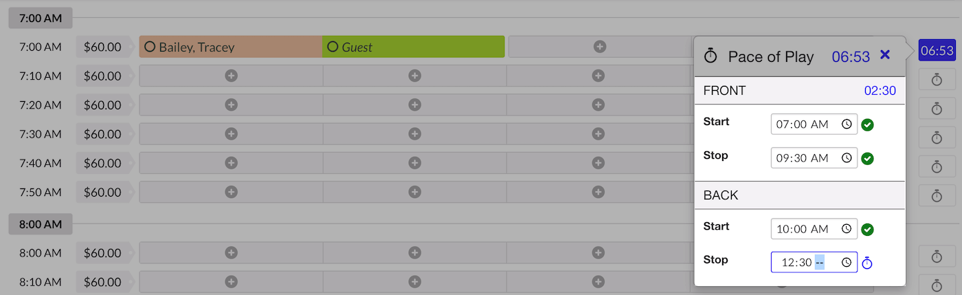 Adjusting the Start and Stop times in the Pace of Play windows