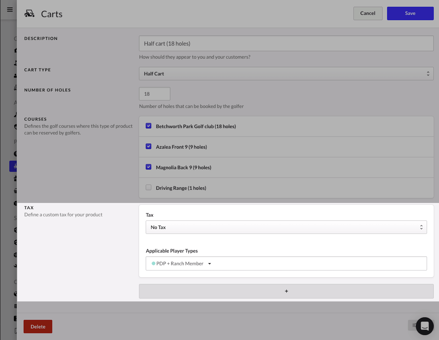 Adjusting tax rate for Half cart fee for a player type