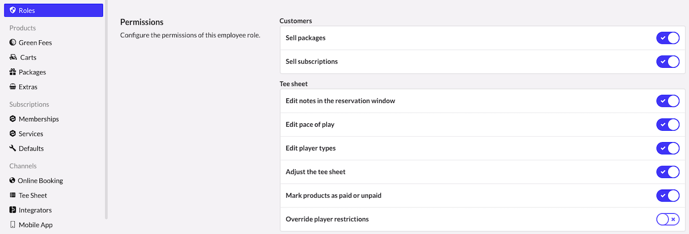 Employee role permissions settings