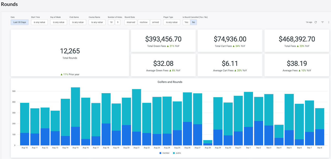 Rounds dashboard tiles and daily rounds chart with year-over-year indicators and member vs. public breakdown