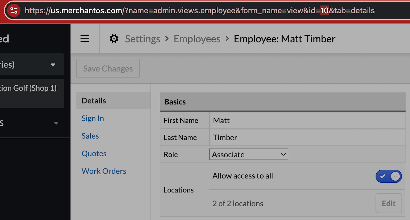 Retail employee profile URL with POS ID highlighted