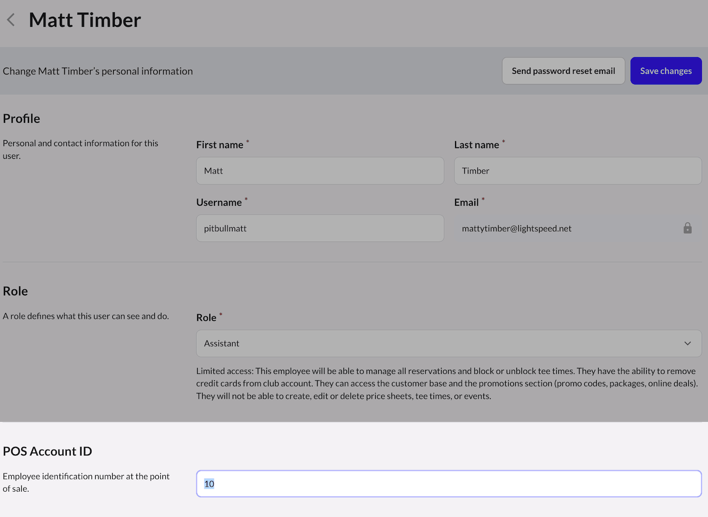 Golf employee profile with POS Account ID field highlighted