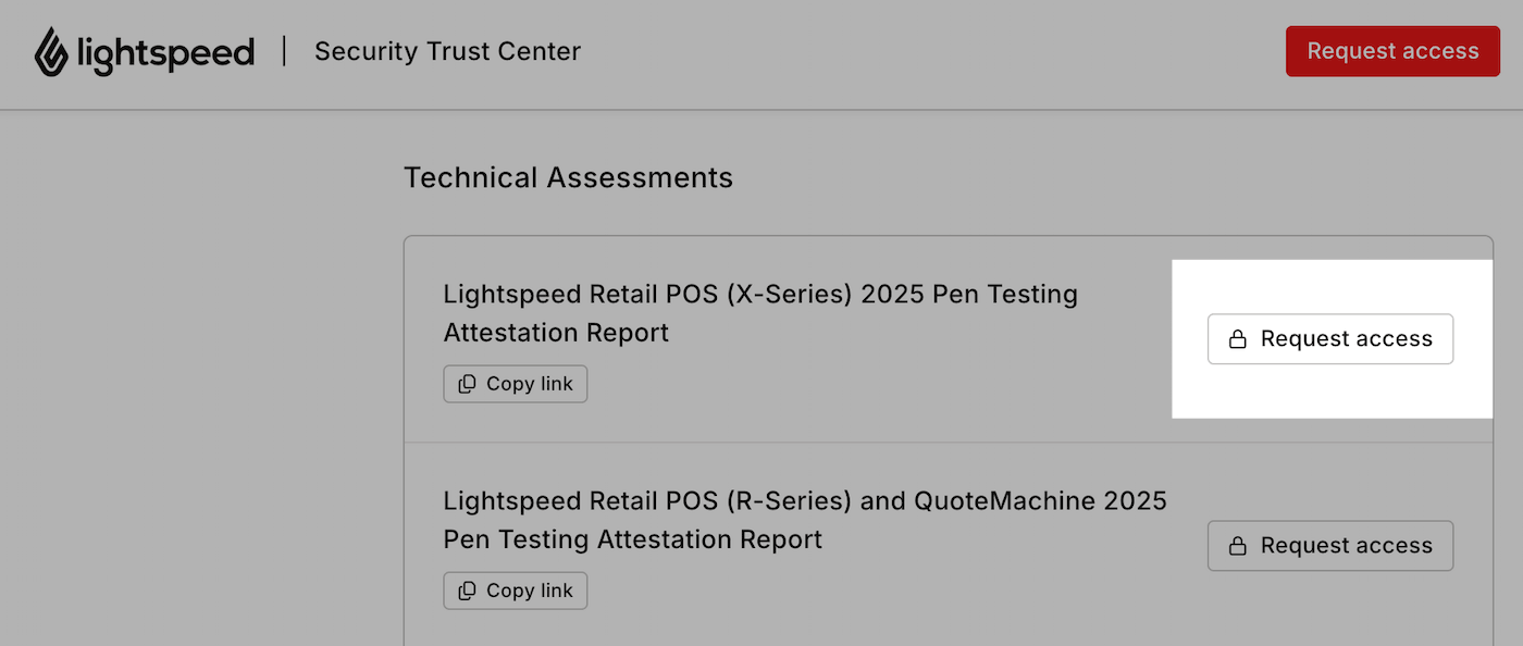 Security Trust Center reports page with the Request access button highlighted.