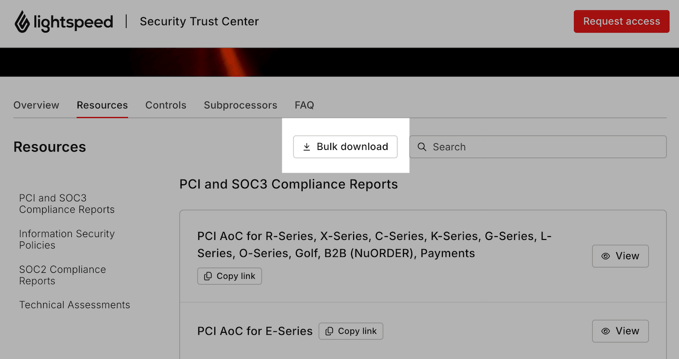 Security Trust Center Resources tab with the Bulk download button highlighted.