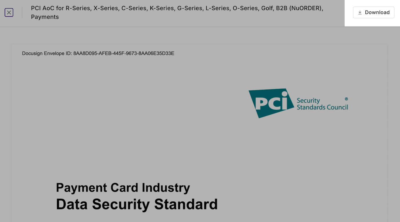 PCI Attestation of Compliance page with the Download button highlighted.