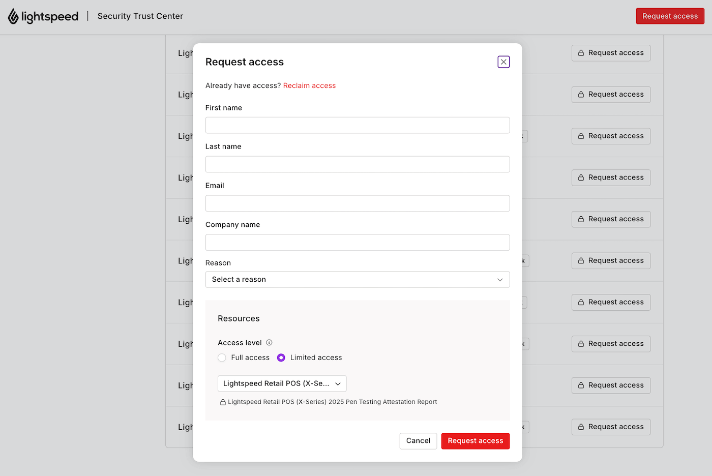 Security Trust Center with the Request access form open.